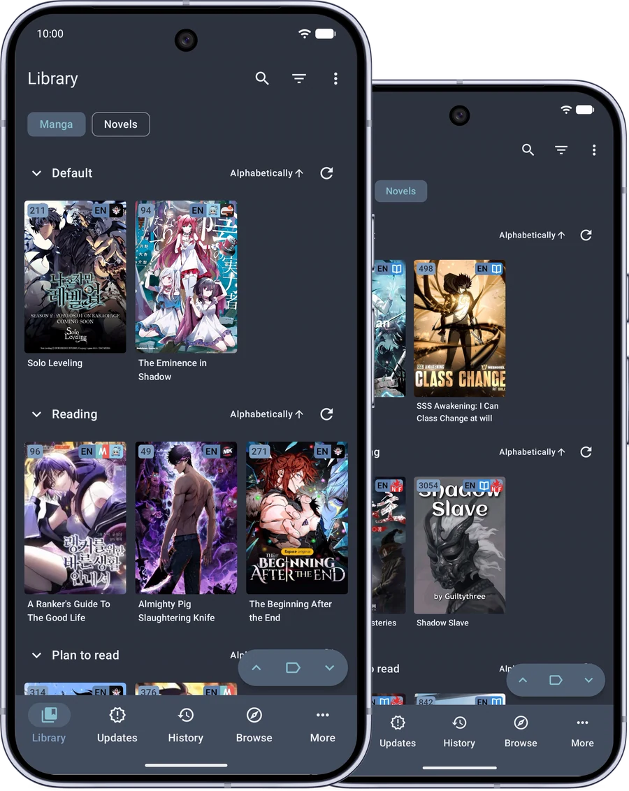 The Reikai library, showing the manga tab and the novels tab side by side